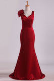 2024 Evening Dresses V Neck Satin With Bow Knot Sweep Train Mermaid