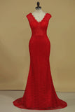 2024 Open Back Sheath V Neck Prom Dresses Lace With Beading Sweep PEF83LHY