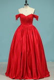 2024 Ball Gown Off-The-Shoulder Satin With Applique Color Red P9F12333