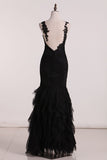 2024 Open Back Bateau Dark Navy Evening Dresses Mermaid Tulle PB9P29C8