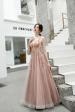 A Line V Neck Pink Beads Straps Prom Dresses Lace up, Long Dance STK15615