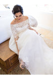 A-Line/Princess Tulle Lace Off-The-Shoulder Long Sleeves Sweep/Brush Train PB9MN9G9