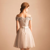 Off-the-Shoulder Lace Short Prom Dress Beading Tulle Cute Lace-up Homecoming Dress