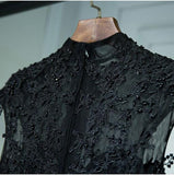 Vintage A Line Chic Long Black Lace Cap Sleeves High Neck Beads Appliques Prom Dresses