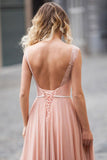 Blush Pink Lace Chiffon Sleeveless Illusion Backless Elegant A-Line Long Prom Dresses