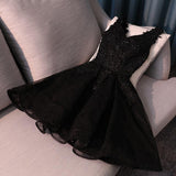 Black V Neck Cute A-Line Appliques Sleeveless Tulle Lace Beading Short Homecoming Dress