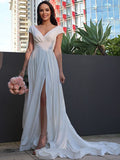 A-Line/Princess Stretch Crepe Ruffles V-neck Short Sleeves Sweep/Brush Train Wedding Dresses TPP0007020