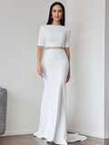 Sheath/Column Stretch Crepe Ruched Scoop 1/2 Sleeves Sweep/Brush Train Wedding Dresses TPP0007027