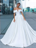 Ball Gown Satin Ruffles Off-the-Shoulder Sleeveless Court Train Wedding Dresses TPP0006990