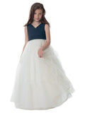 A-Line/Princess Tulle Ruched V-neck Sleeveless Floor-Length Flower Girl Dresses TPP0007912