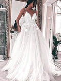 A-Line/Princess Tulle Spaghetti Straps Sleeveless Sweep/Brush Train Applique Wedding Dresses TPP0006786