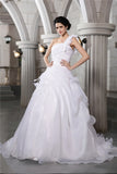 Ball Gown One-Shoulder Sleeveless Pleats Long Organza Wedding Dresses TPP0006981