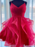 A-Line/Princess Tulle Spaghetti Straps Sleeveless Ruffles Short/Mini Homecoming Dresses TPP0008699