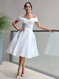 A-Line/Princess Satin Ruffles Off-the-Shoulder Sleeveless Knee-Length Wedding Dresses TPP0007033