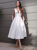 A-Line/Princess Satin Ruched V-neck Sleeveless Tea-Length Wedding Dresses TPP0007021