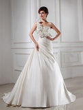 A-Line/Princess One-shoulder Hand-made Flower Sleeveless Satin Wedding Dresses TPP0006980