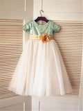A-line/Princess Short Sleeves Scoop Sequin Tea-Length Tulle Flower Girl Dresses TPP0007865