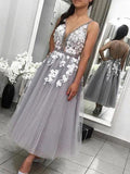 A-Line/Princess Tulle Spaghetti Straps Sleeveless Applique Ankle-Length Homecoming Dresses TPP0008885