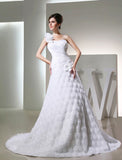 A-Line/Princess One-shoulder Sleeveless Taffeta Hand-made Flowers Long Wedding Dresses TPP0006998