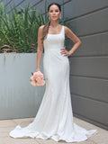 Sheath/Column Stretch Crepe Ruffles Straps Sleeveless Sweep/Brush Train Wedding Dresses TPP0007023