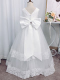 A-Line/Princess Tulle Lace V-neck Sleeveless Floor-Length Flower Girl Dresses TPP0007936