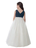 A-Line/Princess Tulle Ruched V-neck Sleeveless Floor-Length Flower Girl Dresses TPP0007912