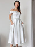 A-Line/Princess Satin Ruffles Off-the-Shoulder Sleeveless Tea-Length Wedding Dresses TPP0007025