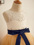 A-Line/Princess Sleeveless Tulle Lace Scoop Floor-Length Flower Girl Dresses TPP0007895