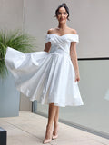 A-Line/Princess Satin Ruffles Off-the-Shoulder Sleeveless Knee-Length Wedding Dresses TPP0007033