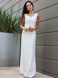 Sheath/Column Stretch Crepe Ruched Straps Sleeveless Floor-Length Wedding Dresses TPP0007024