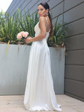 A-Line/Princess Satin Ruched V-neck Sleeveless Sweep/Brush Train Wedding Dresses TPP0007022