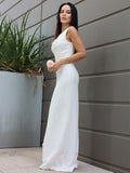 Sheath/Column Stretch Crepe Ruched Straps Sleeveless Floor-Length Wedding Dresses TPP0007024