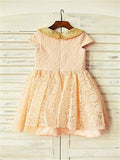 A-line/Princess Short Sleeves Scoop Sequin Tea-Length Lace Flower Girl Dresses TPP0007930