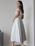 A-Line/Princess Satin Ruffles Off-the-Shoulder Sleeveless Tea-Length Wedding Dresses TPP0007025