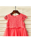 A-line/Princess Scoop Short Sleeves Lace Tea-Length Tulle Flower Girl Dresses TPP0007881