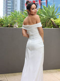 Sheath/Column Satin Ruched Off-the-Shoulder Sleeveless Sweep/Brush Train Wedding Dresses TPP0007029