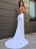 Sheath/Column Stretch Crepe Lace V-neck Sleeveless Sweep/Brush Train Wedding Dresses TPP0007018