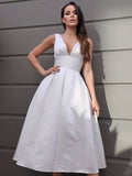 A-Line/Princess Satin Ruched V-neck Sleeveless Tea-Length Wedding Dresses TPP0007021