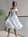 A-Line/Princess Satin Ruffles Off-the-Shoulder Sleeveless Knee-Length Wedding Dresses TPP0007033