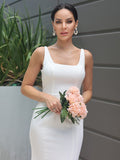 Sheath/Column Stretch Crepe Ruffles Straps Sleeveless Sweep/Brush Train Wedding Dresses TPP0007023