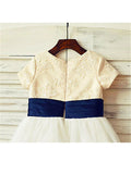 A-line/Princess Scoop Short Sleeves Bowknot Tea-Length Tulle Flower Girl Dresses TPP0007878