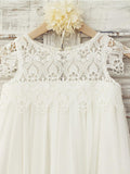 A-Line/Princess Knee-Length Scoop Lace Short Sleeves Chiffon Flower Girl Dresses TPP0007908