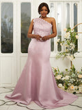 Sheath/Column Satin Lace One-Shoulder Sleeveless Sweep/Brush Train Bridesmaid Dresses TPP0004972