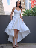 A-Line/Princess Satin Ruched V-neck Sleeveless Asymmetrical Wedding Dresses TPP0007019