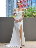 Sheath/Column Satin Ruched Off-the-Shoulder Sleeveless Sweep/Brush Train Wedding Dresses TPP0007029