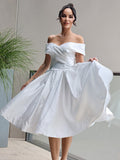 A-Line/Princess Satin Ruffles Off-the-Shoulder Sleeveless Knee-Length Wedding Dresses TPP0007033