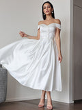 A-Line/Princess Satin Ruffles Off-the-Shoulder Sleeveless Tea-Length Wedding Dresses TPP0007025