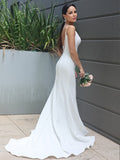 Sheath/Column Stretch Crepe Ruffles Straps Sleeveless Sweep/Brush Train Wedding Dresses TPP0007023