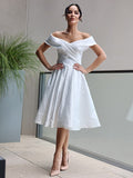 A-Line/Princess Satin Ruffles Off-the-Shoulder Sleeveless Knee-Length Wedding Dresses TPP0007033