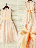 A-line/Princess Scoop Short Sleeves Sash/Ribbon/Belt Tea-Length Lace Flower Girl Dresses TPP0007879
